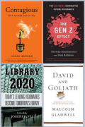 The book covers of the the 4 book choices for 1 book - Contagious, The Gen Z effect, Library 2020, David and Goliath